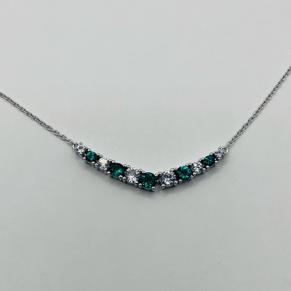 Lab Green Emerald and White Sapphire Bar Silver Necklace - Picture 1 of 8